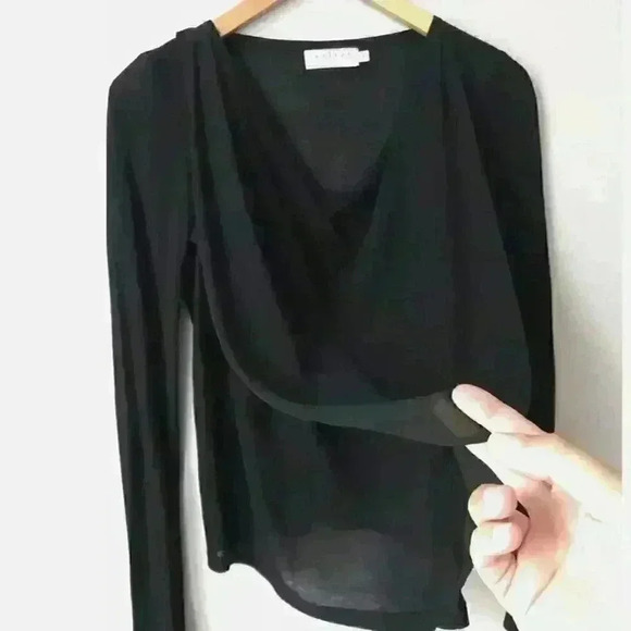 VELVET Black Front Panel Drape Long Sleeve Contrast Top Size S - Picture 2 of 6